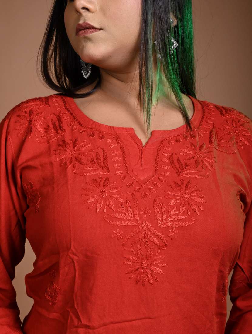 women solid with work long sleeve straight kurti - 22268774 -  Standard Image - 4