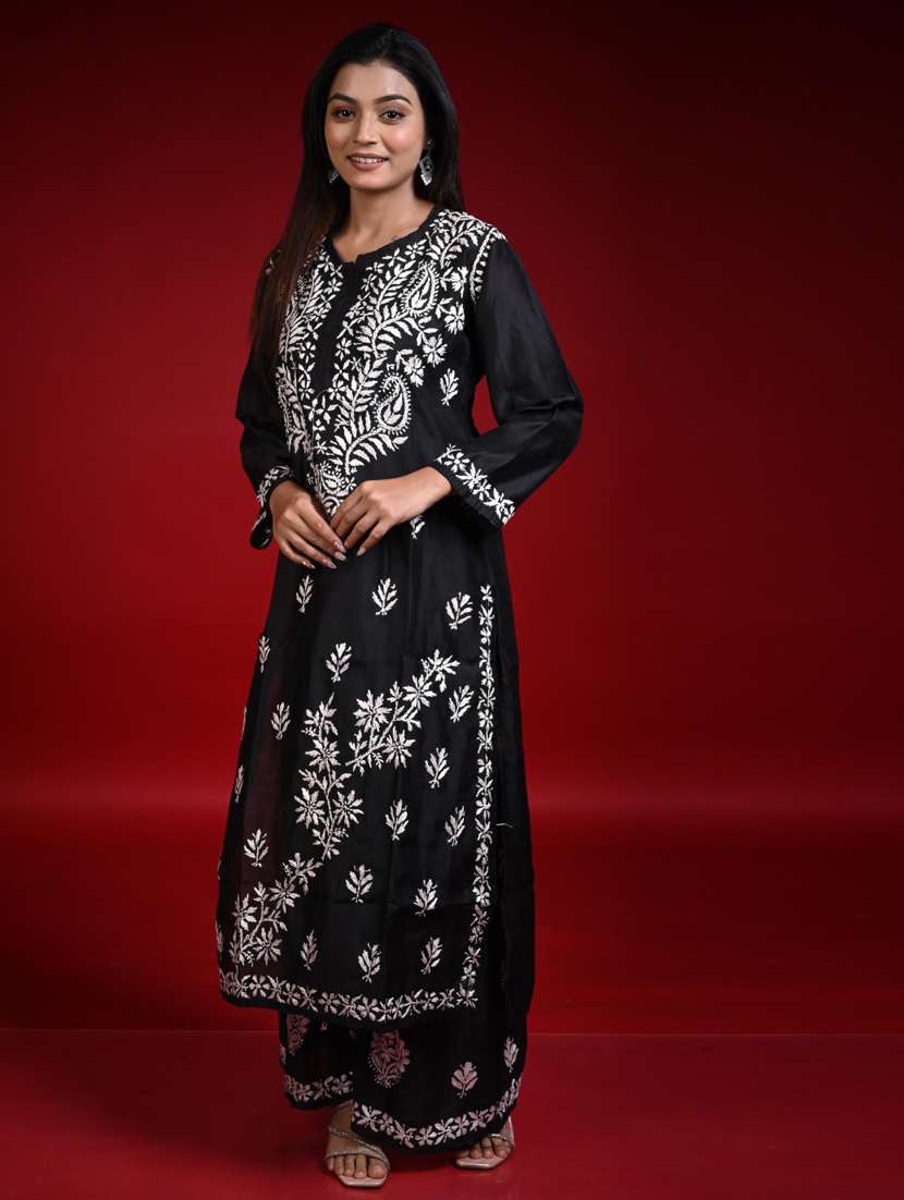 women solid with work long sleeve kurta palazzo set - 22268792 -  Standard Image - 1