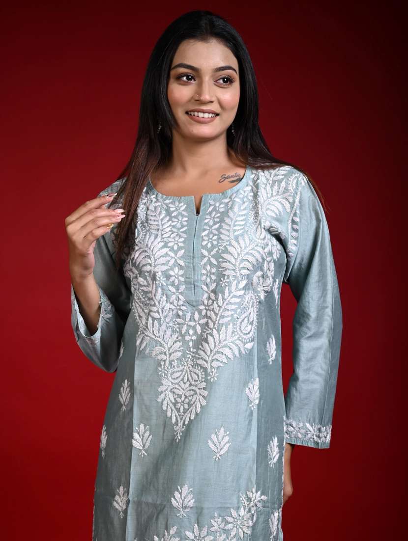 women solid with work notch neck kurta palazzo set - 22268796 -  Standard Image - 1