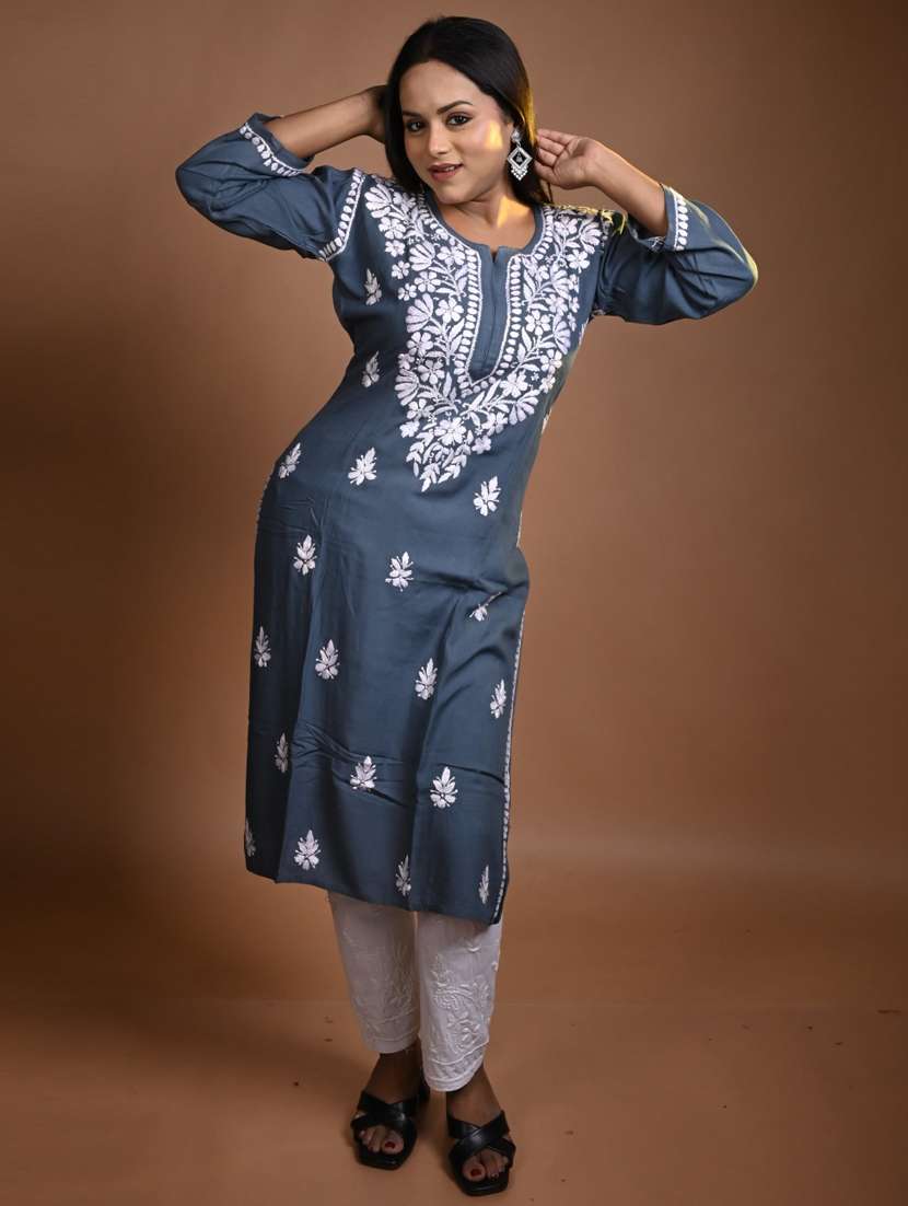 women solid with work three quarter sleeve kurta pant set - 22268877 -  Standard Image - 1