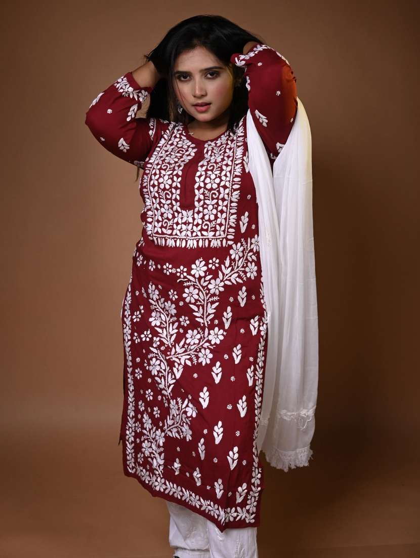 women chikankari long sleeve kurta pant with dupatta set - 22268936 -  Standard Image - 1