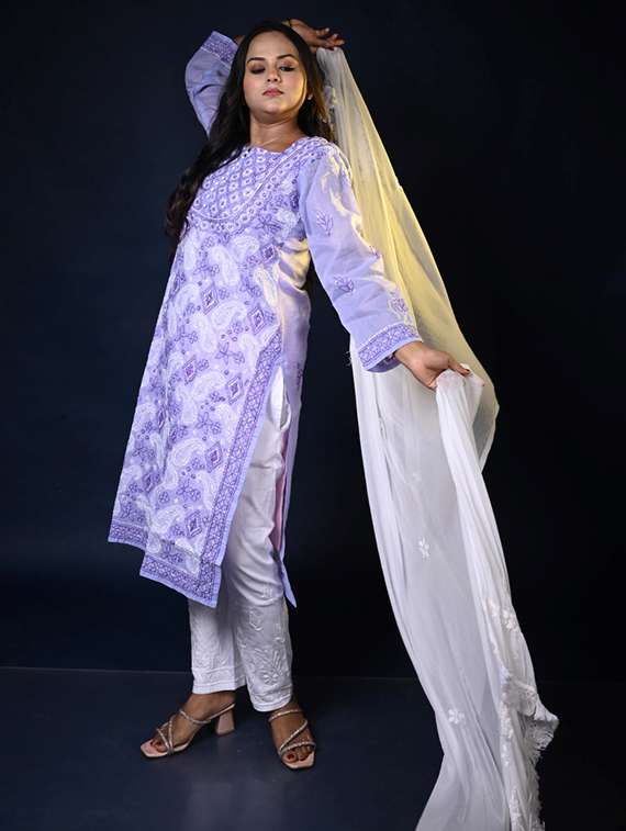 women solid with work long sleeve kurta pant with dupatta set - 22268948 -  Standard Image - 1