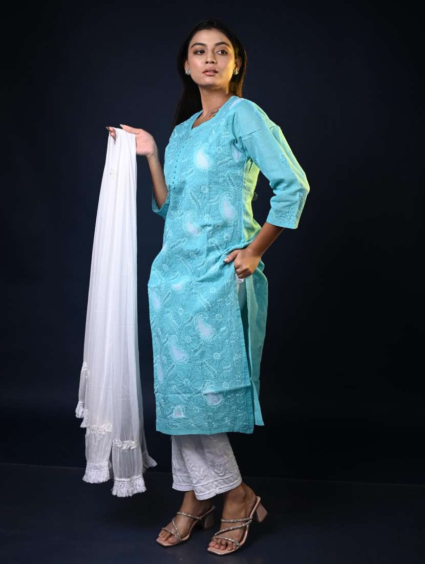 women solid with work three quarter sleeve kurta pant with dupatta set - 22268953 -  Standard Image - 1