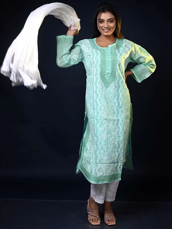 women solid with work long sleeve kurta pant with dupatta set - 22268955 -  Standard Image - 1