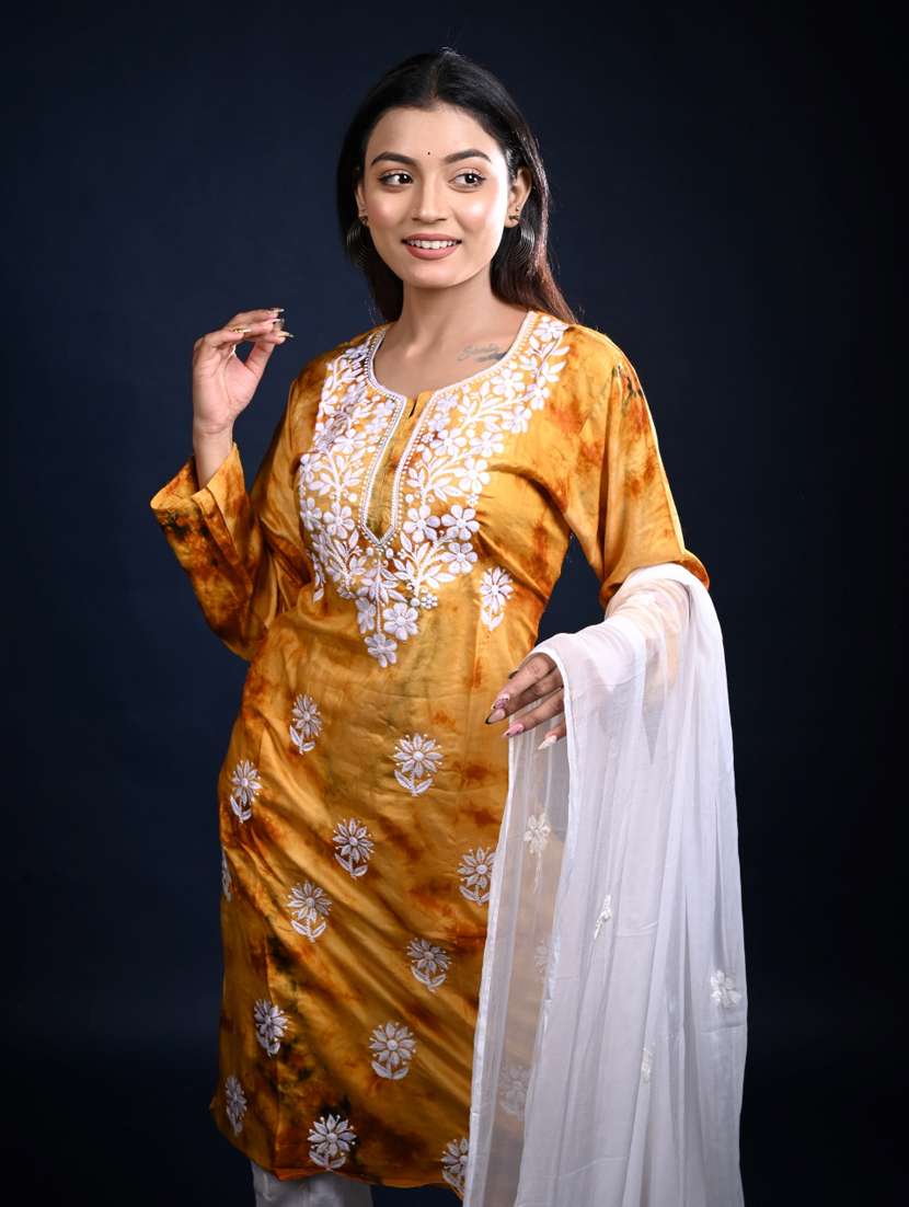 women chikankari long sleeve kurta pant with dupatta set - 22268962 -  Standard Image - 1