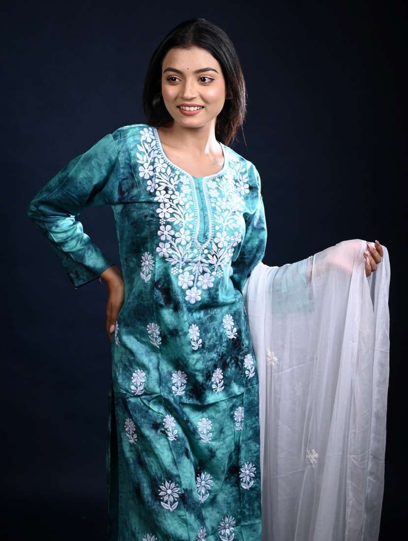 women chikankari long sleeve kurta pant with dupatta set - 22268966 -  Standard Image - 1