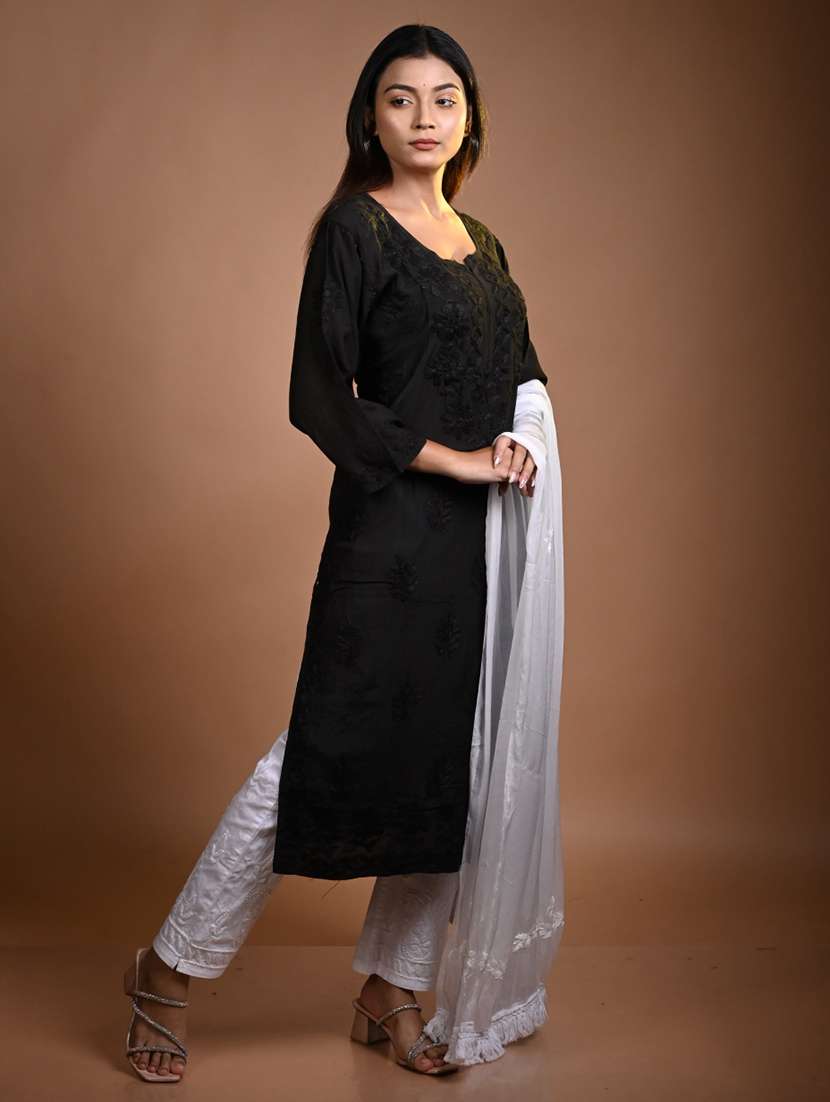 women solid with work three quarter sleeve kurta pant with dupatta set - 22268983 -  Standard Image - 1