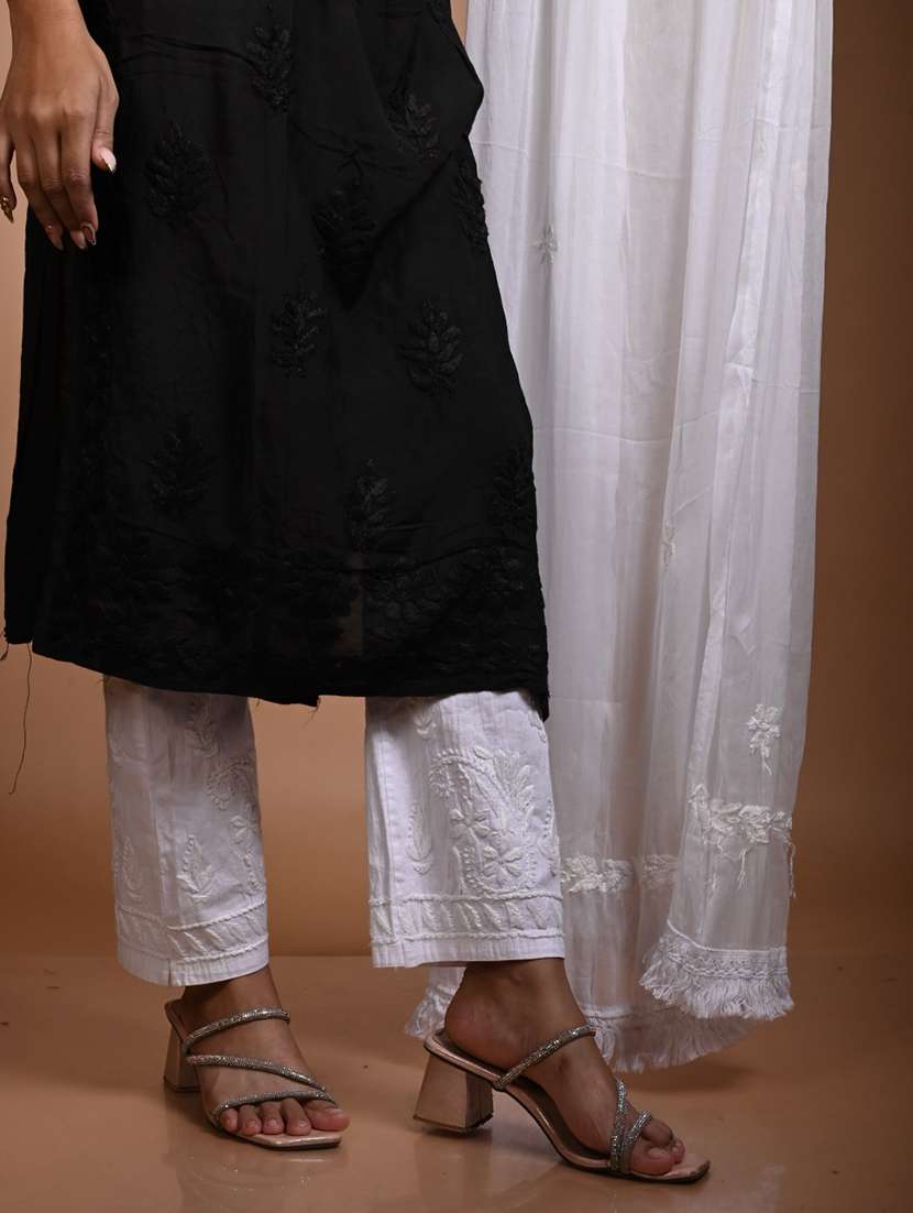 women solid with work three quarter sleeve kurta pant with dupatta set - 22268983 -  Standard Image - 4