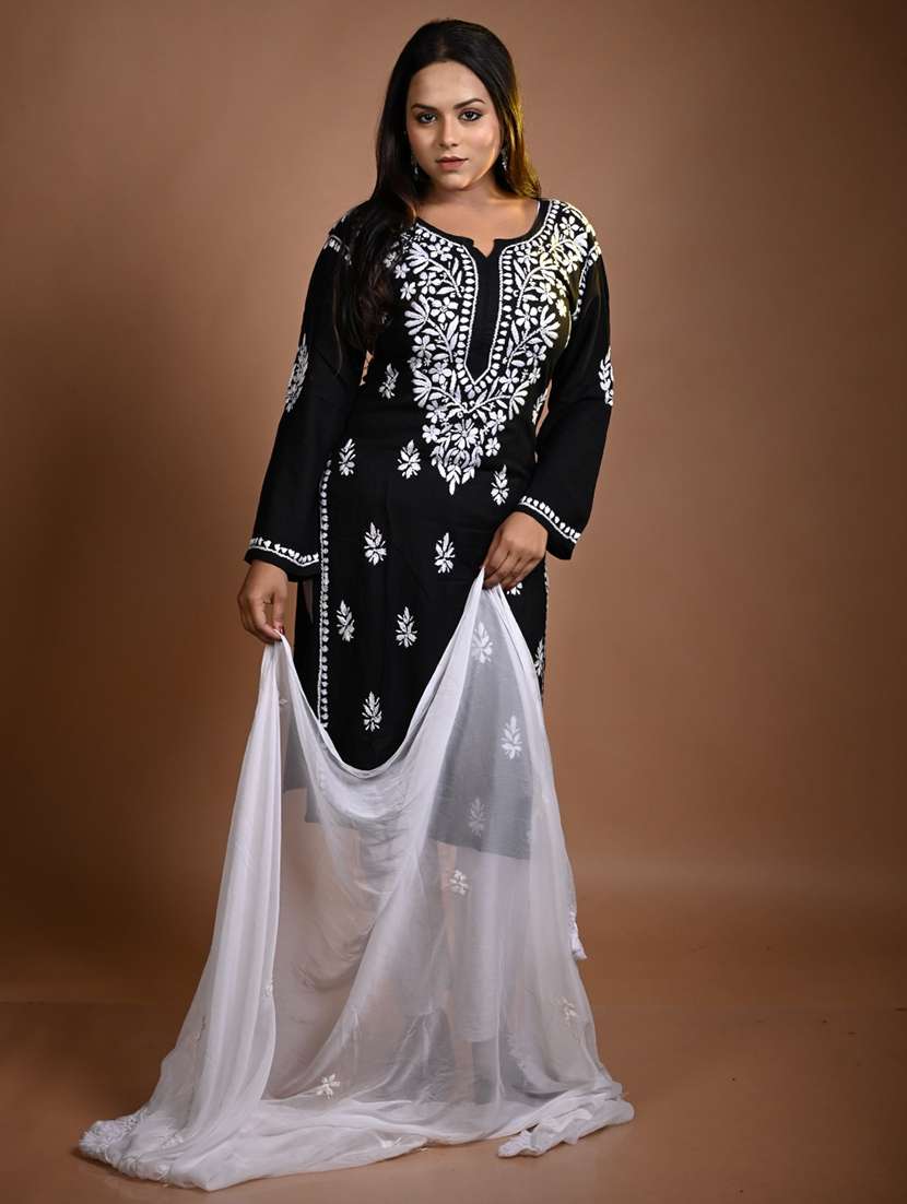 women solid with work long sleeve kurta pant with dupatta set - 22268986 -  Standard Image - 1