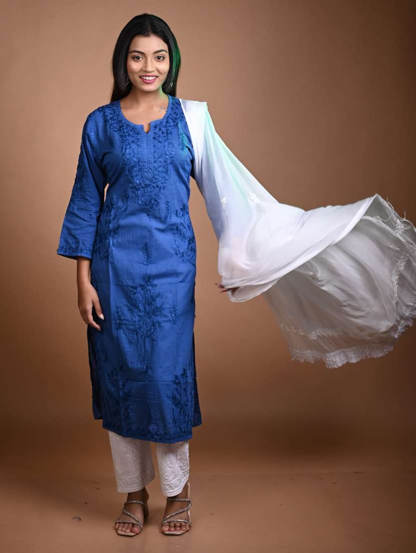 women solid with work three quarter sleeve kurta pant with dupatta set - 22268994 -  Standard Image - 1