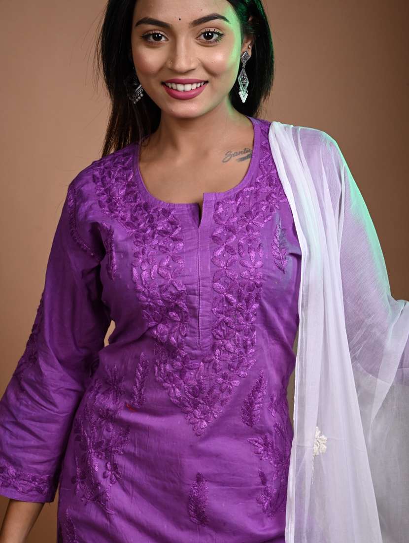 women solid with work three quarter sleeve kurta pant with dupatta set - 22268998 -  Standard Image - 4