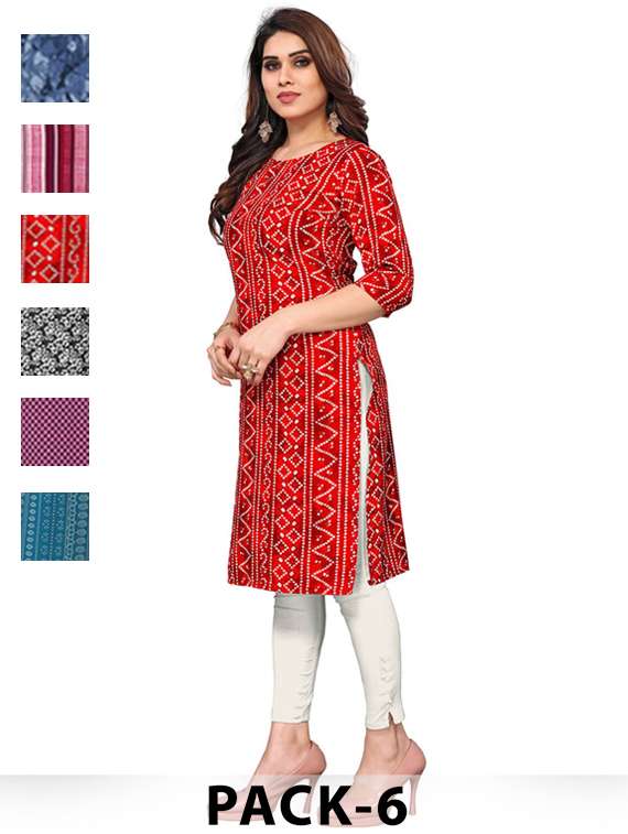 women pack of 6 printed straight kurta