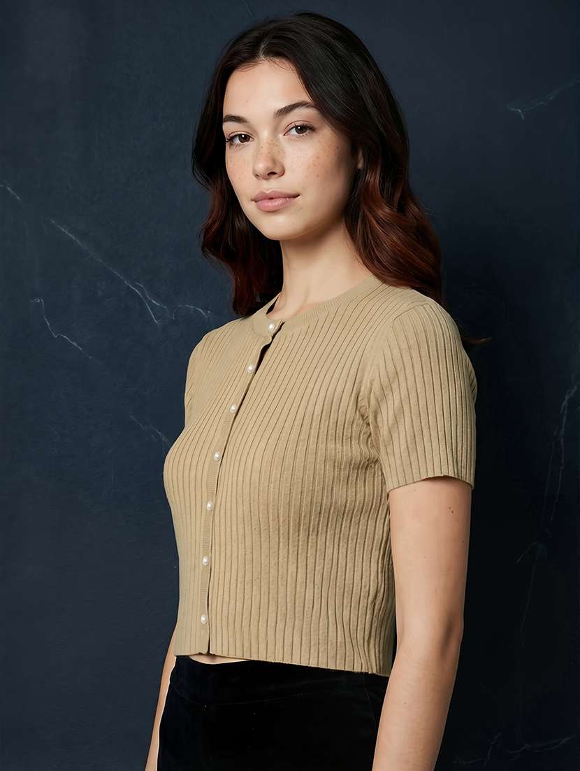 women solid short sleeve crop top - 22270440 -  Standard Image - 1