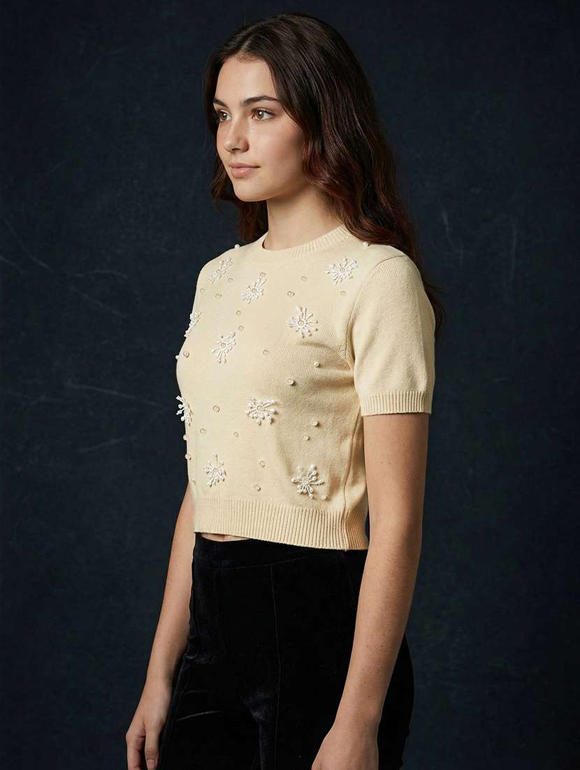 women embellished short sleeve crop top - 22270441 -  Standard Image - 1