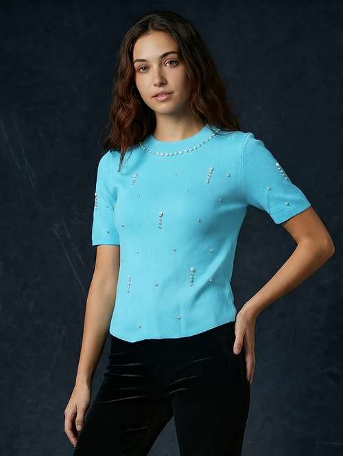 Globus Women Blue Round Neck Short Sleeves Pearl Embellished Party Top