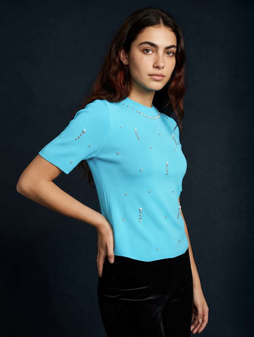 women embellsihed puff sleeve crop top - 22270442 -  Standard Image - 1