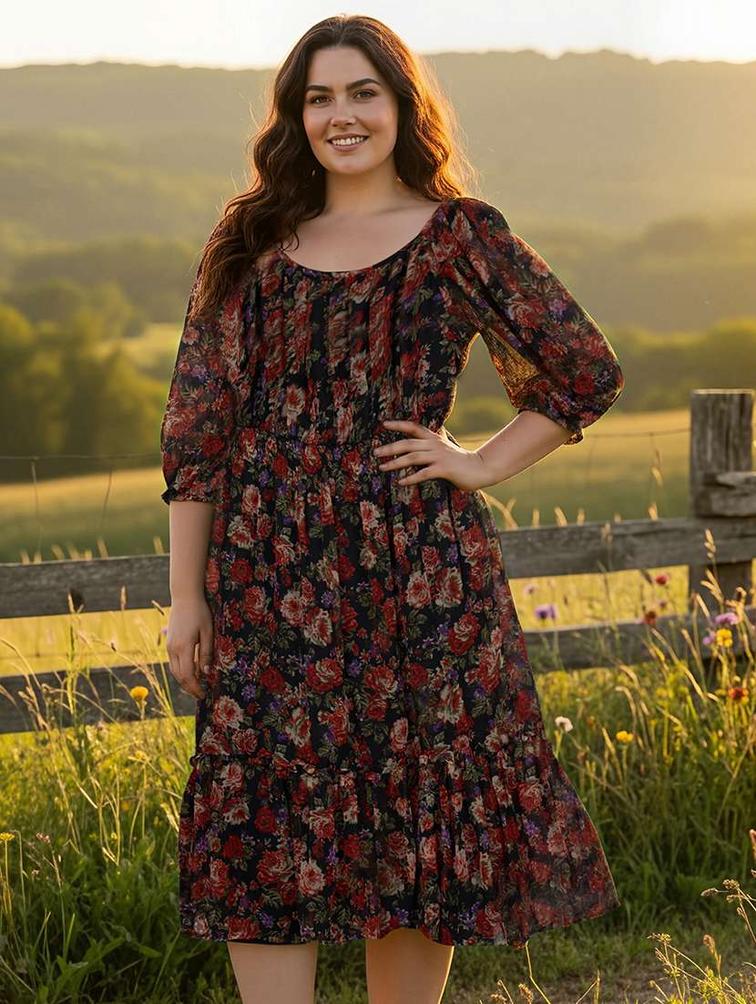 globus gloplus women black square neck raglan sleeves floral print smocked tiered plus size fit & flare midi dress