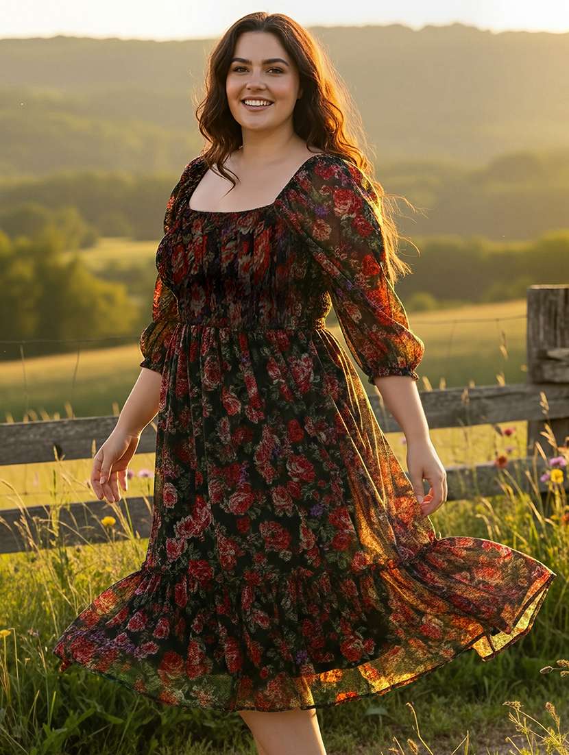 globus gloplus women black square neck raglan sleeves floral print smocked tiered plus size fit & flare midi dress - 22270443 -  Standard Image - 1