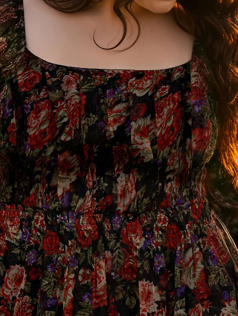 globus gloplus women black square neck raglan sleeves floral print smocked tiered plus size fit & flare midi dress - 22270443 -  Standard Image - 4