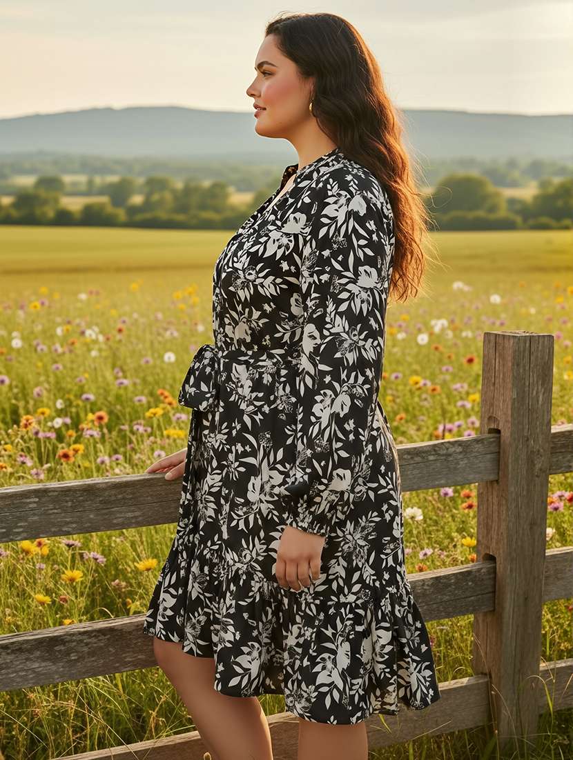 globus gloplus women black mandarin collar bishop sleeves floral print pleated tiered mini plus size shirt style dress with belt - 22270446 -  Standard Image - 1