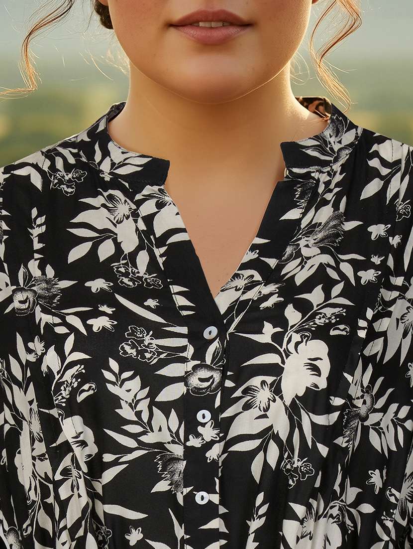 globus gloplus women black mandarin collar bishop sleeves floral print pleated tiered mini plus size shirt style dress with belt - 22270446 -  Standard Image - 4