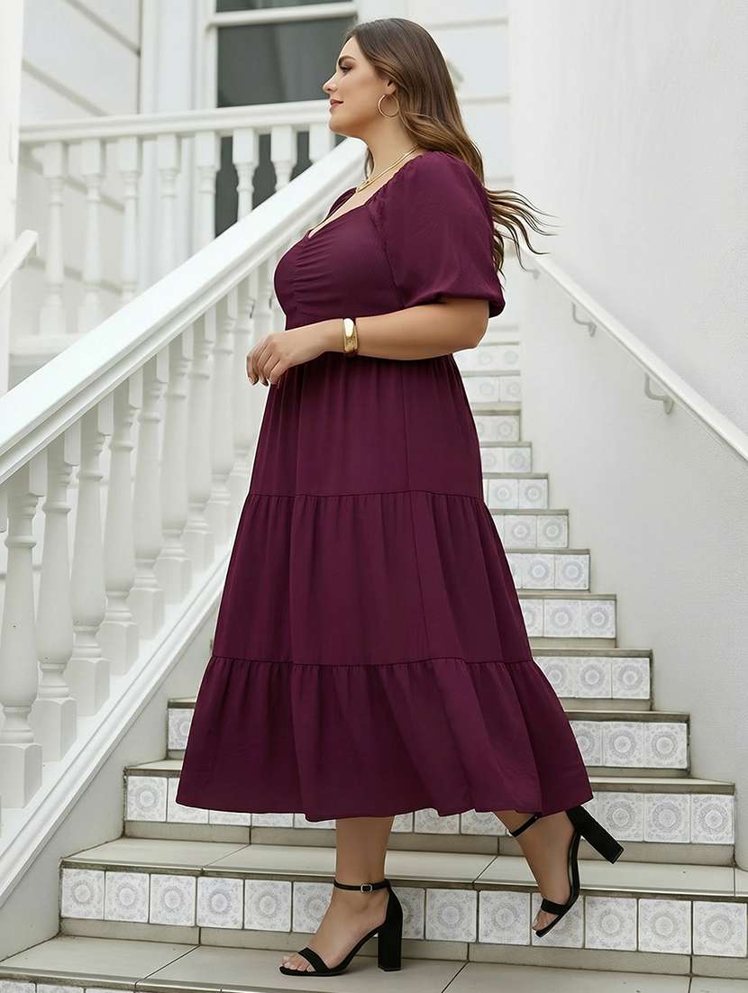 women plus size solid puff sleeve dress - 22270447 -  Standard Image - 1