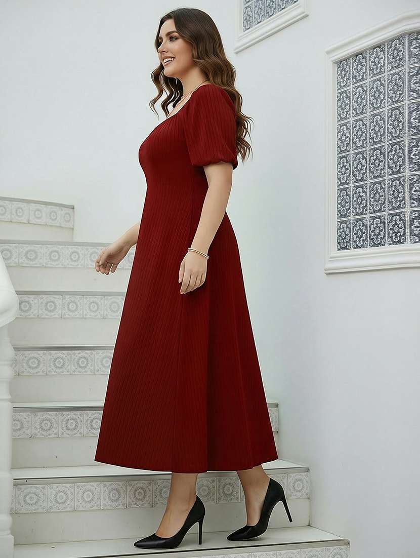 women plus size solid puff sleeve fit & flare dress - 22270450 -  Standard Image - 1