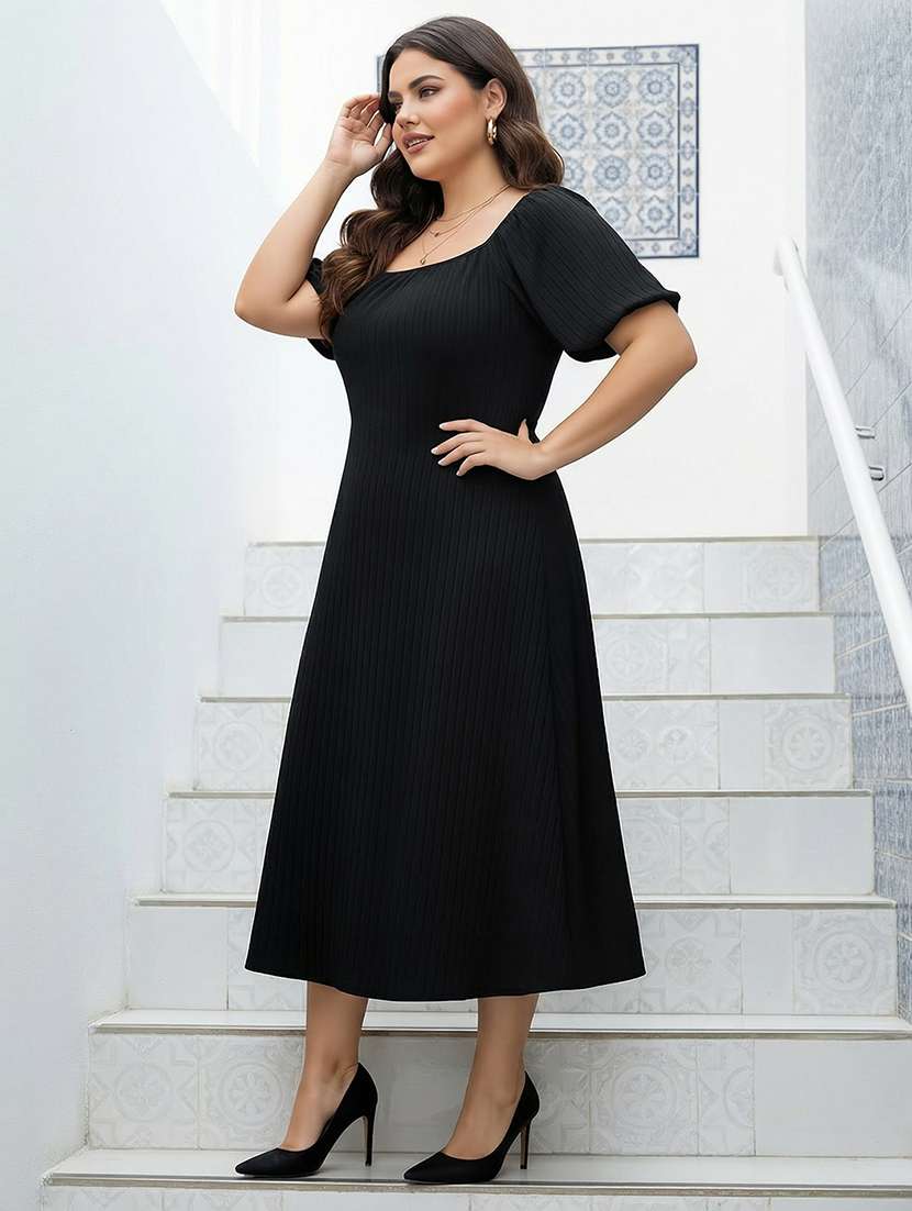 women plus size solid puff sleeve fit & flare dress - 22270451 -  Standard Image - 1