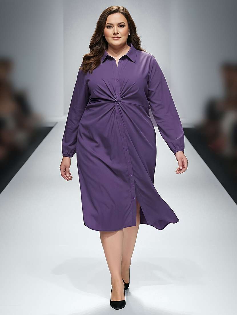 globus gloplus women purple solid twist knot detail curved hem midi plus size workwear shirt style dress