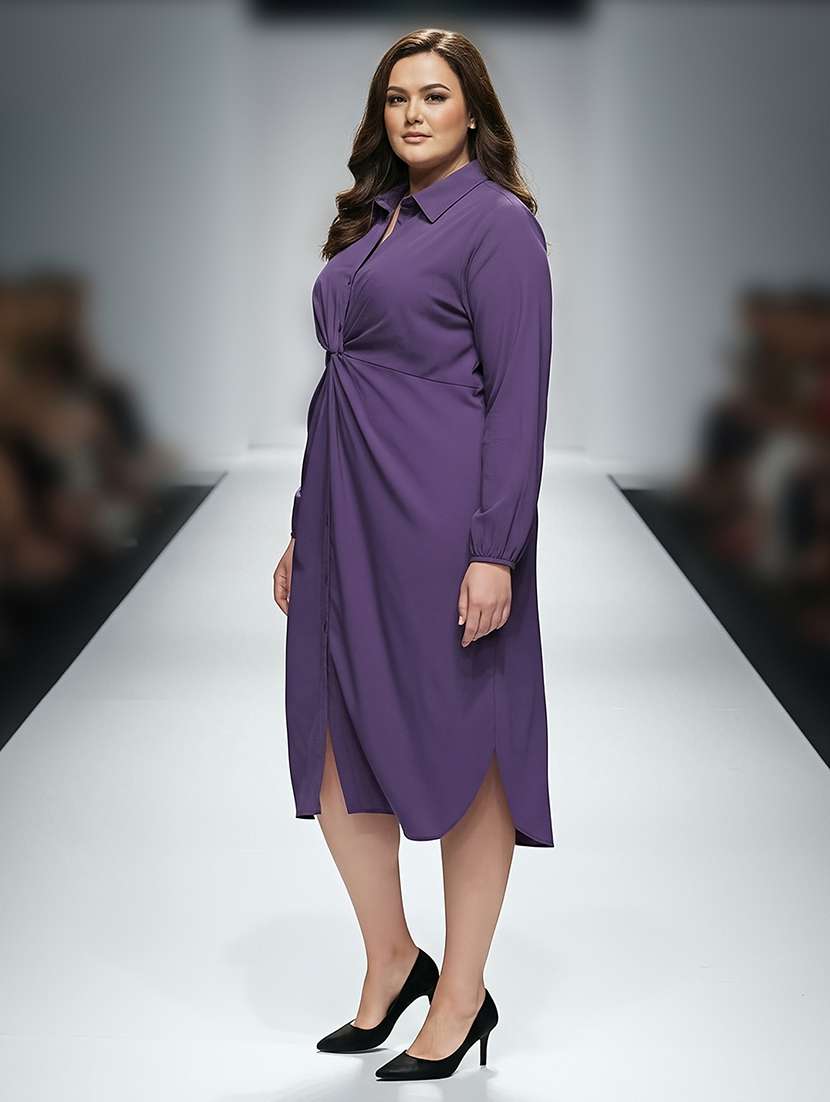 globus gloplus women purple solid twist knot detail curved hem midi plus size workwear shirt style dress - 22270454 -  Standard Image - 1