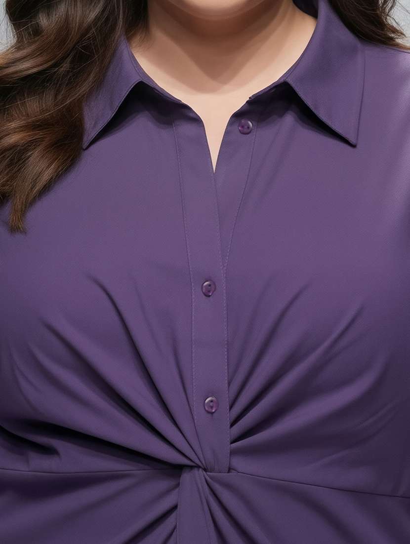 globus gloplus women purple solid twist knot detail curved hem midi plus size workwear shirt style dress - 22270454 -  Standard Image - 4