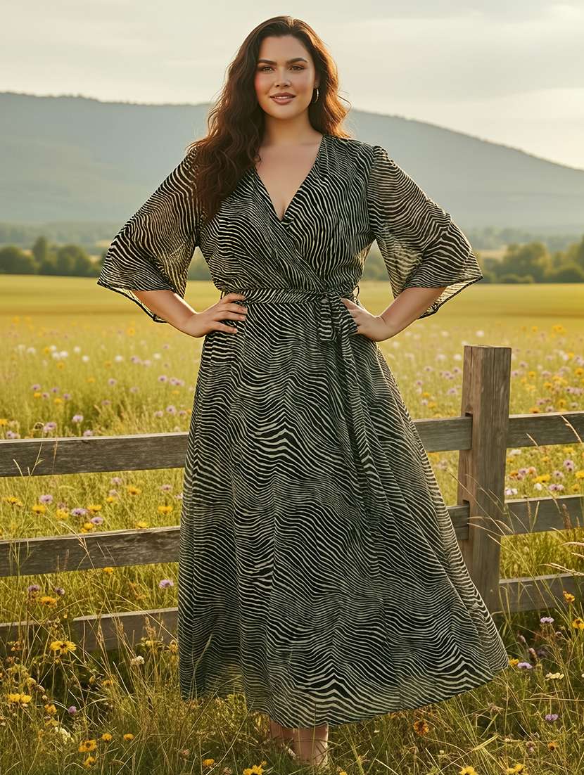 globus gloplus women multicolor v-neck abstract print waist tie-up plus size maxi wrap dress