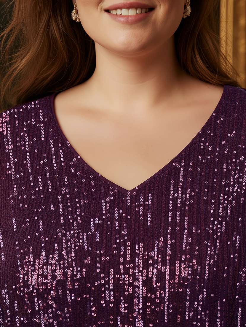 globus gloplus women purple v-neck long sleeves sequinned plus size party top - 22270463 -  Standard Image - 4