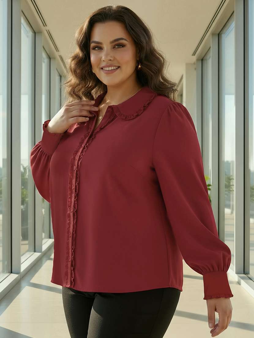 women plus size solid collared long sleeve shirt - 22270466 -  Standard Image - 1