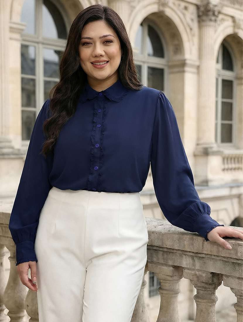 globus gloplus women navy blue collared neck cuffed sleeves frill detail solid plus size workwear shirt