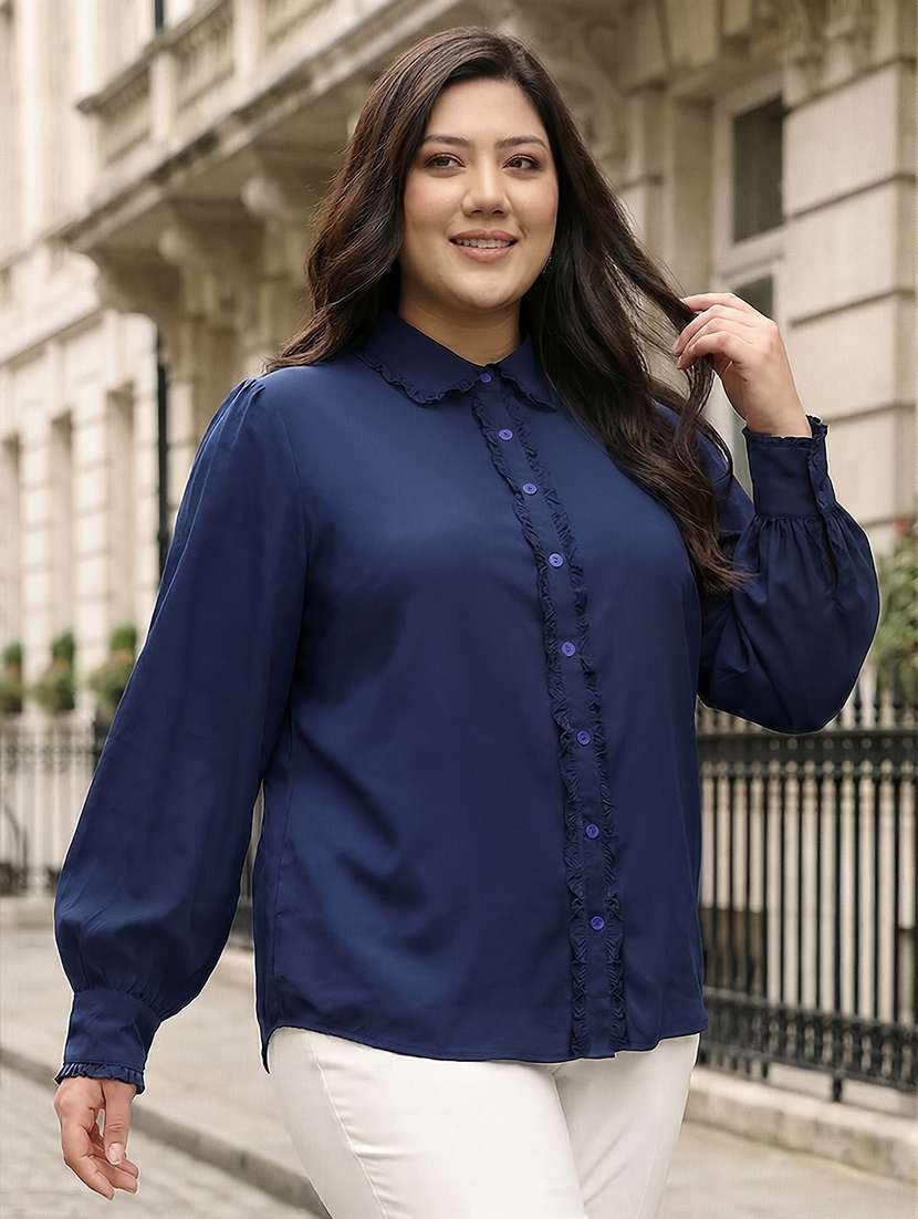 women plus size solid collared long sleeve shirt - 22270467 -  Standard Image - 1