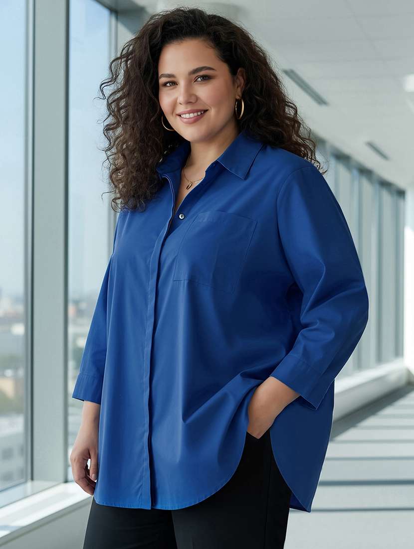 women plus size solid collared long sleeve shirt - 22270468 -  Standard Image - 1