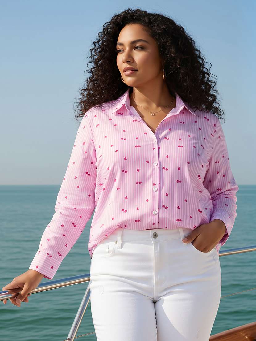 women plus size printed collared long sleeve shirt - 22270471 -  Standard Image - 1