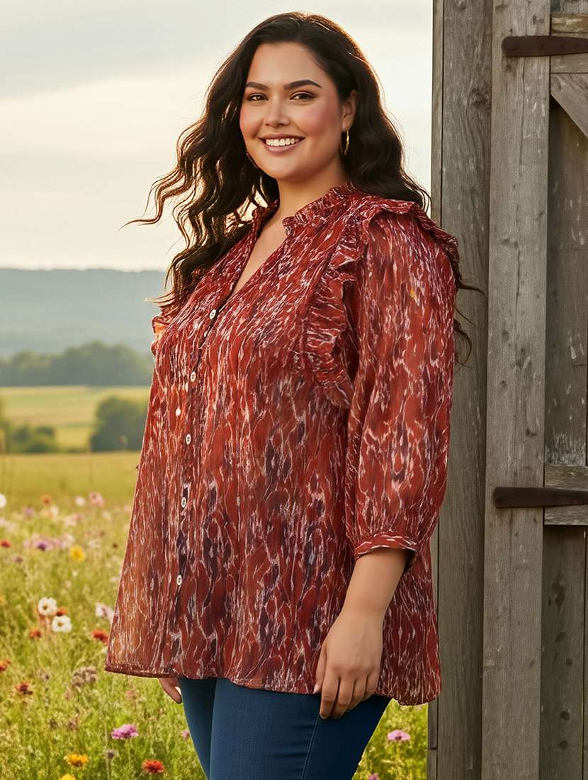 women plus size printed collared puff sleeve shirt - 22270472 -  Standard Image - 1