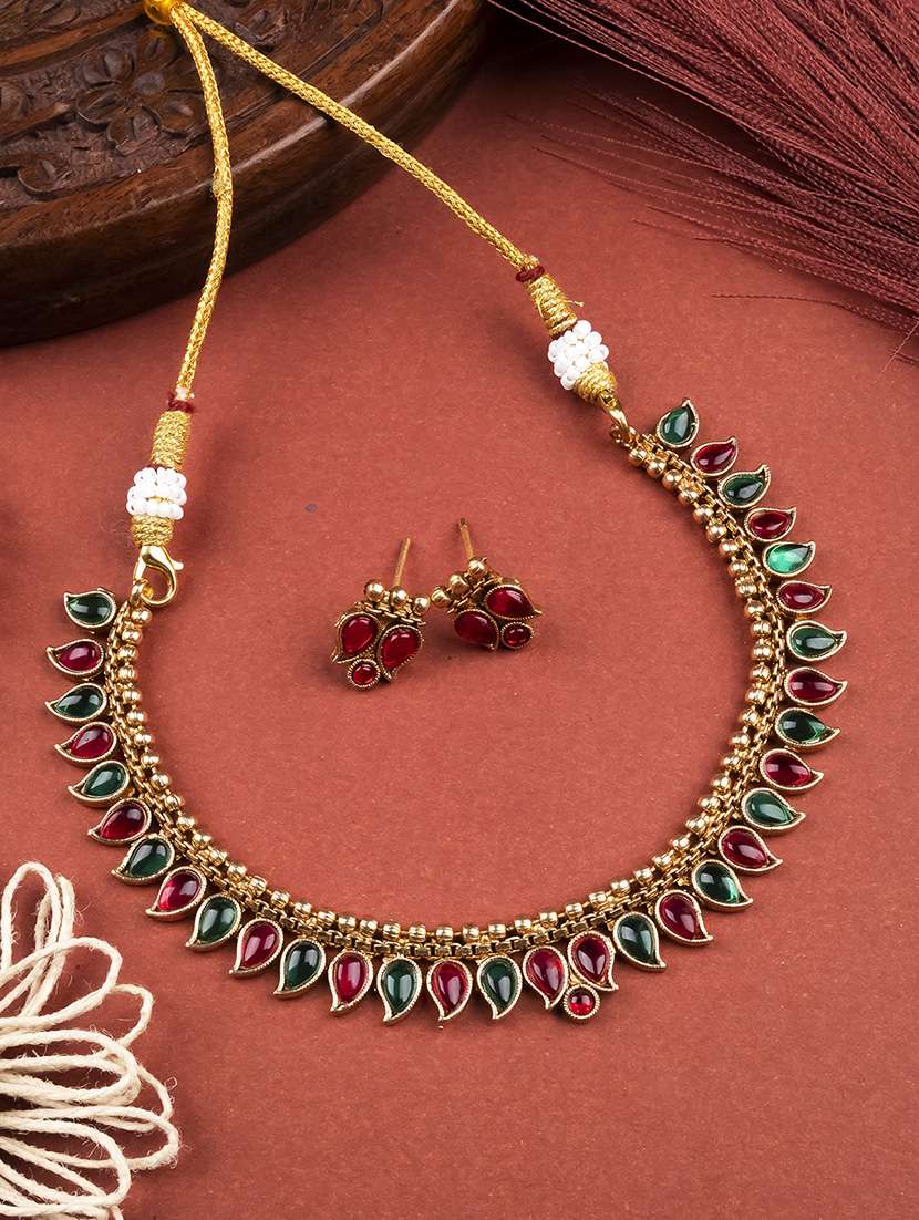 women gold plated multi color stoned studded necklace set