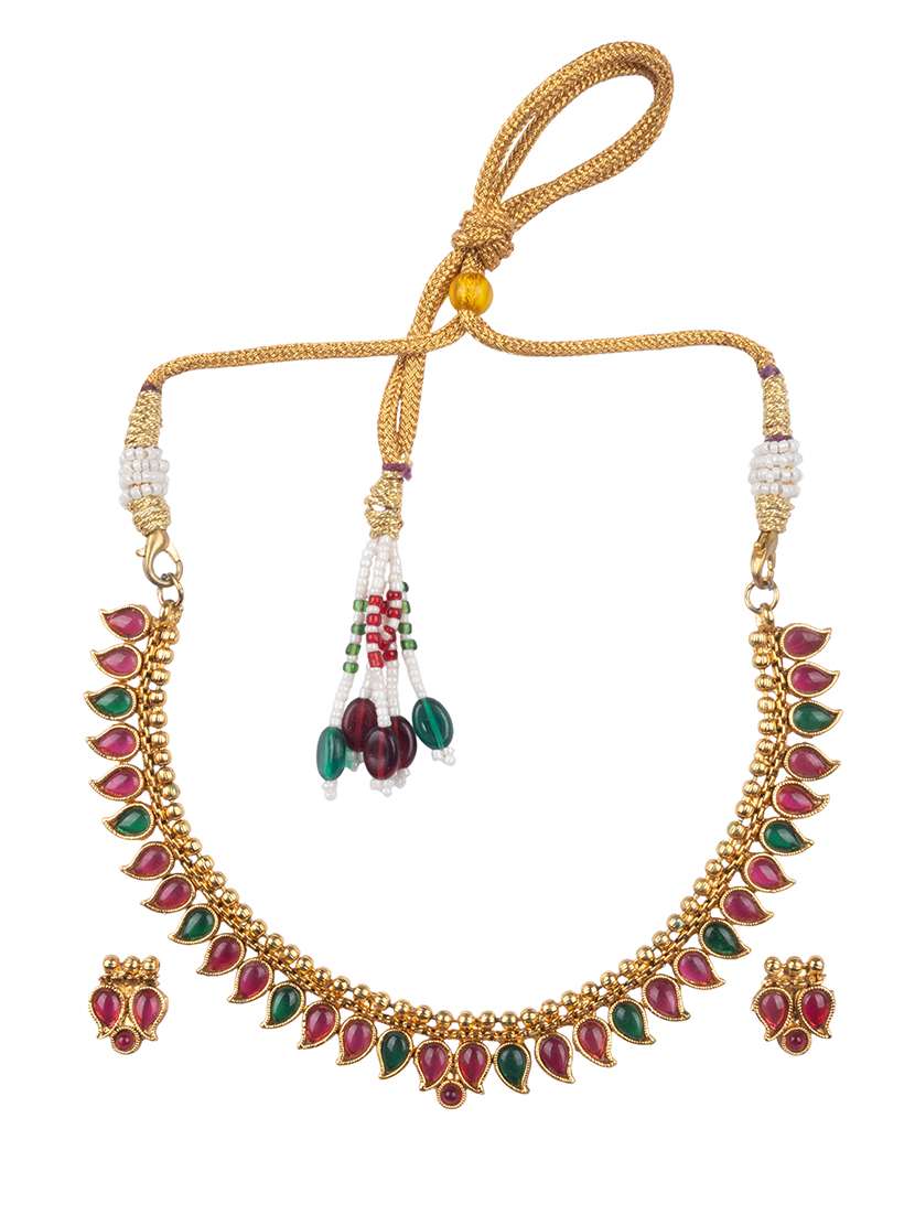 women gold plated multi color stoned studded necklace set - 22270478 -  Standard Image - 1