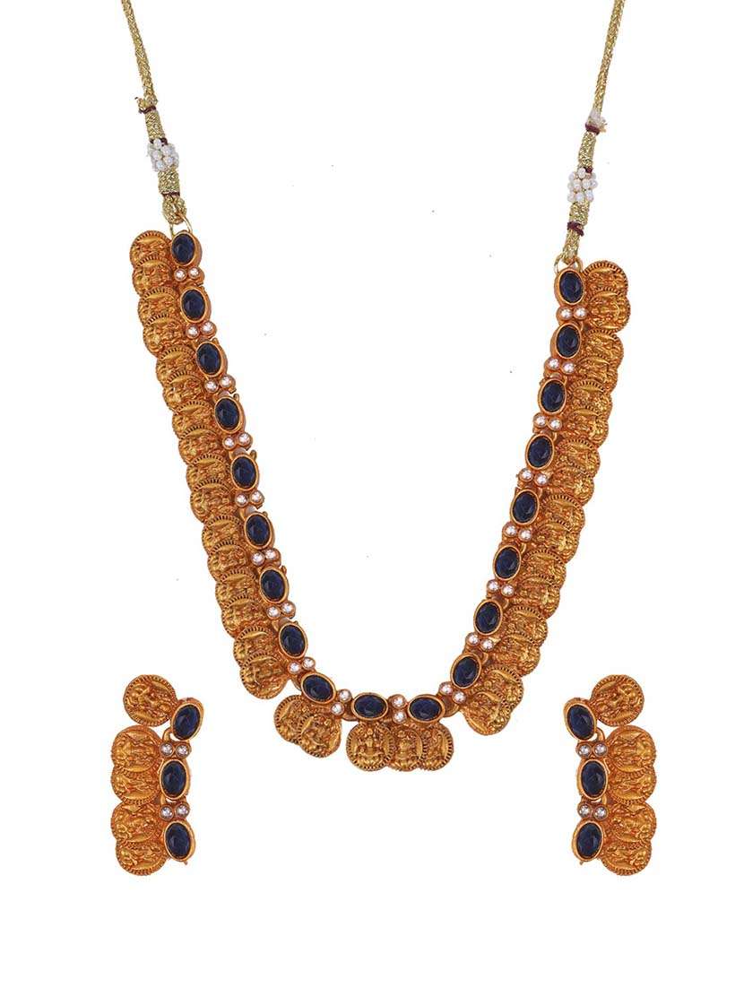gold plated blue kemp laxmi coin necklace set - 22270479 -  Standard Image - 1