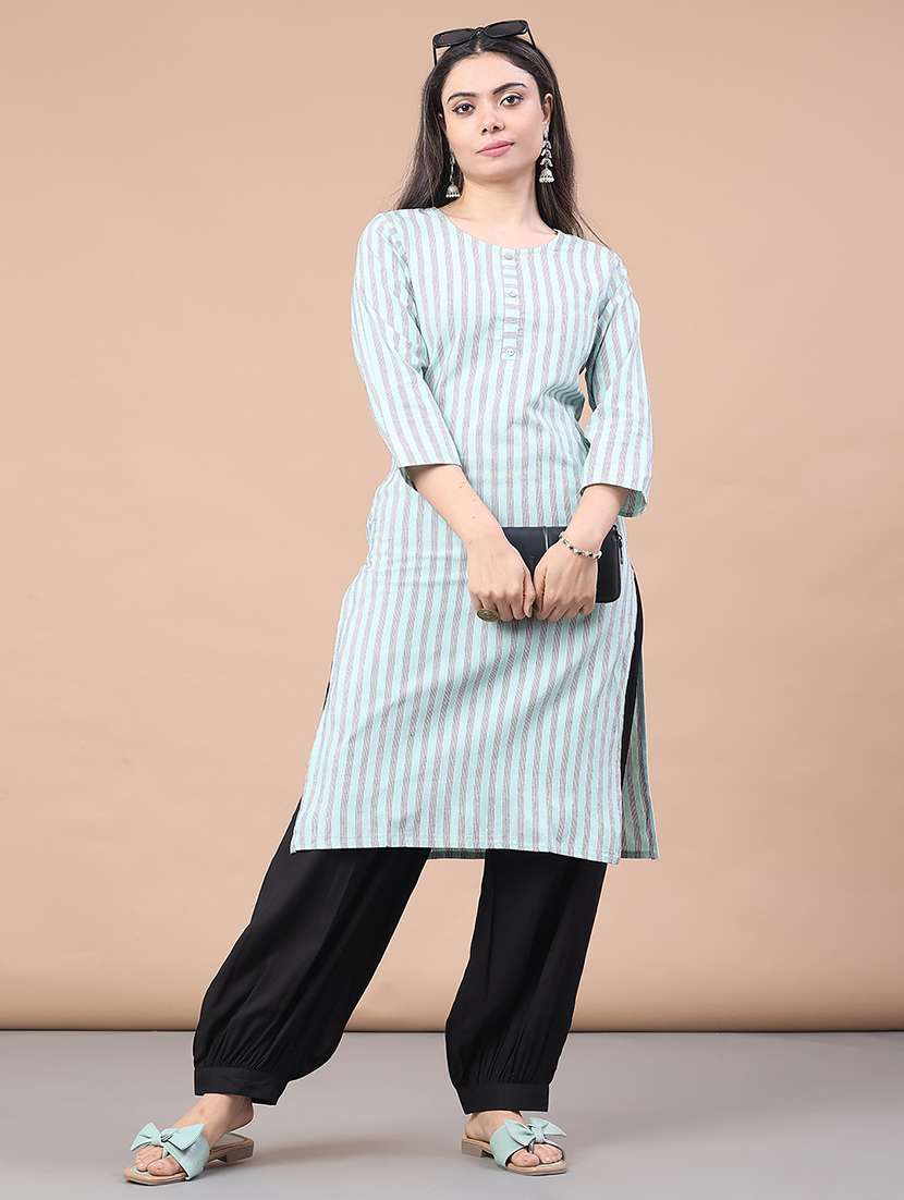 women striped three quarter sleeve straight kurta