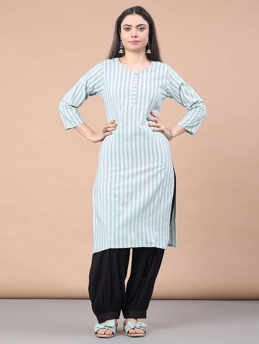 women striped three quarter sleeve straight kurta - 22270930 -  Standard Image - 1