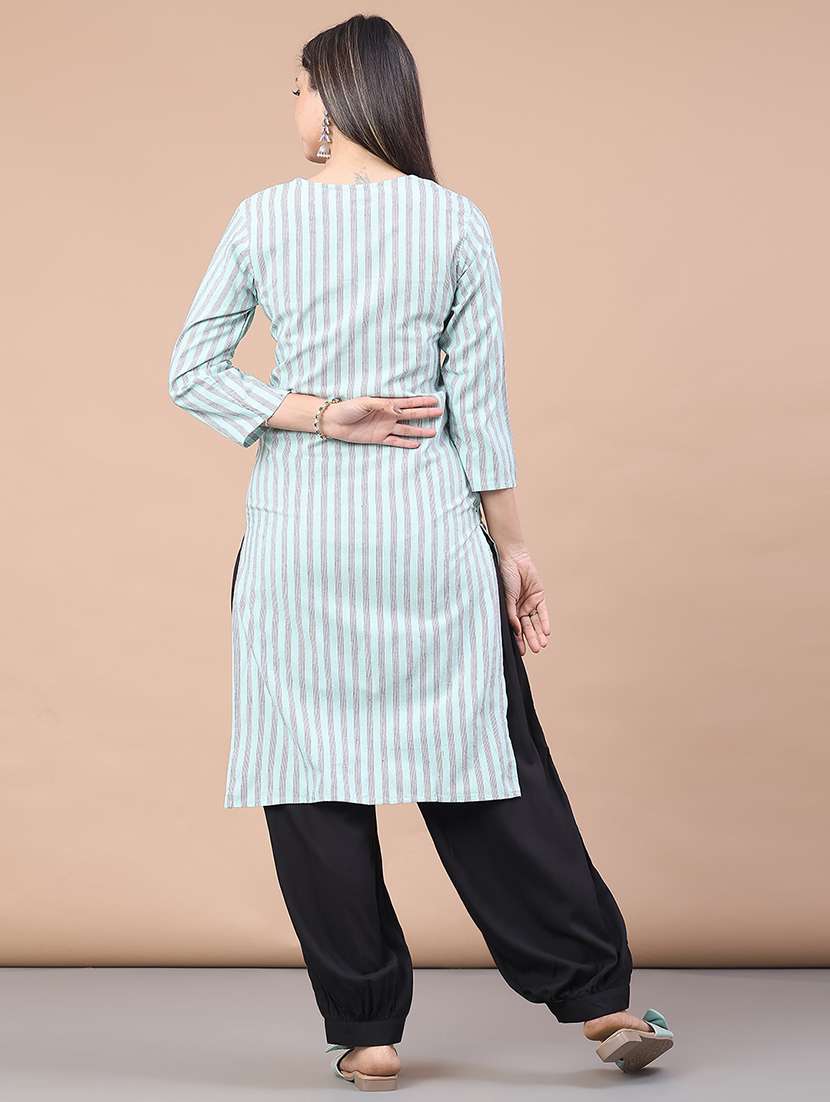 women striped three quarter sleeve straight kurta - 22270930 -  Standard Image - 4
