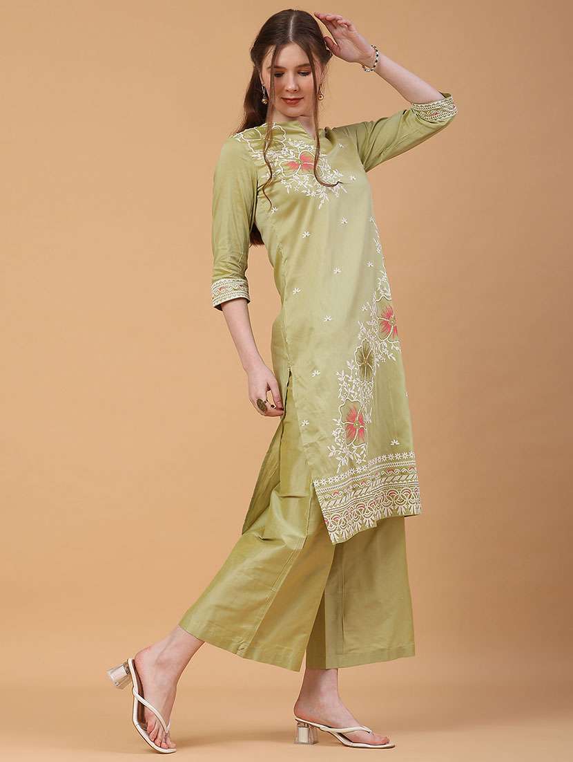 women solid with work three quarter sleeve kurta palazzo set - 22271252 -  Standard Image - 1