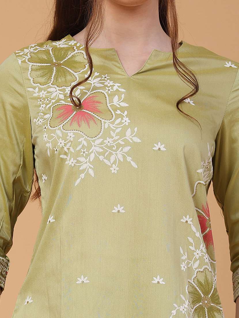 women solid with work three quarter sleeve kurta palazzo set - 22271252 -  Standard Image - 4