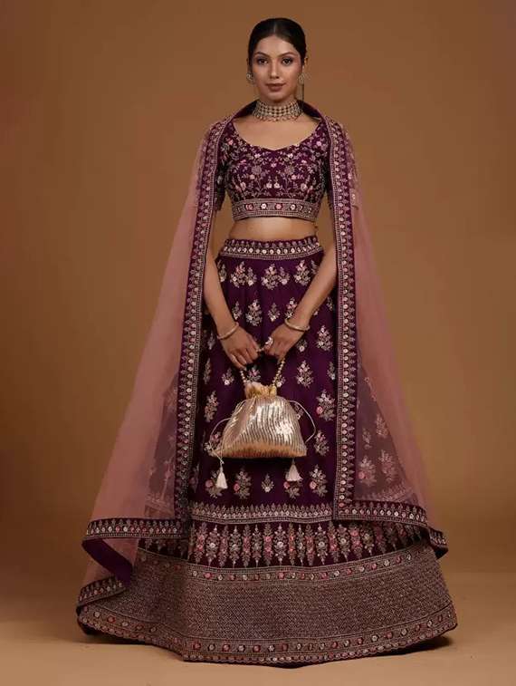 women solid with work semi stitched flared lehenga - 22271922 -  Standard Image - 1