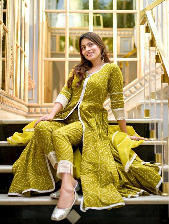 women bandhani three quarter sleeve kurta pant set - 22271938 -  Standard Image - 1