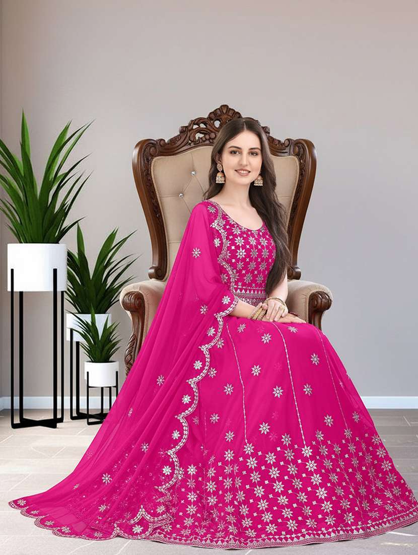 women solid with work semi stitched flared gown - 22271939 -  Standard Image - 4